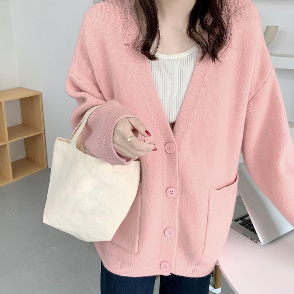 Bidason Knit Long Button Soft and Loose Medium Perfect for Everyday and Spring Women's Cardigan, V-Neck, Sleeves, Front, Pockets, Warm, Stretchy, Fit,
