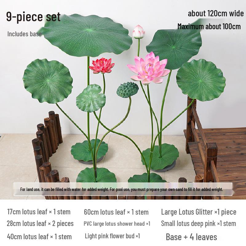 Duży sztuczny kwiat lotosu i liść do dekoracji stawu i jako rekwizyty do tańca, zielona łodyga