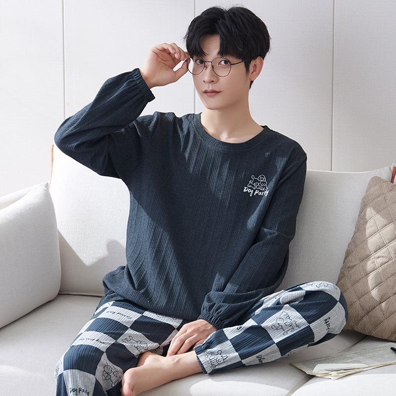 Cotton Nightwear for Men 2 Pieces Set Pajamas Spring Long Sleeves Sleeping Tops Trousers Sleepwear