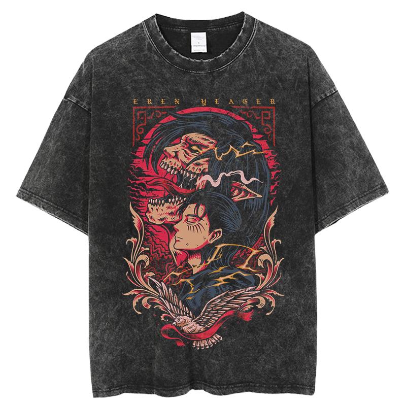 Eren Jager Attack on Titan Summer Streetwear Washed T-Shirt Anime Graphic Print TShirt Men Harajuku Cotton Oversize Vintage Tee