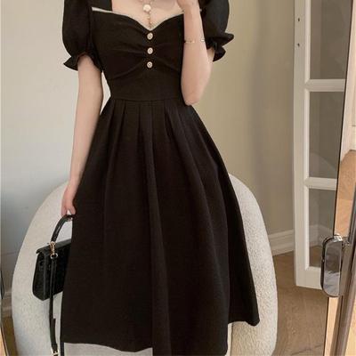 Goddess Style Solid Color A-Line Summer Dress with Square Collar and Button Design