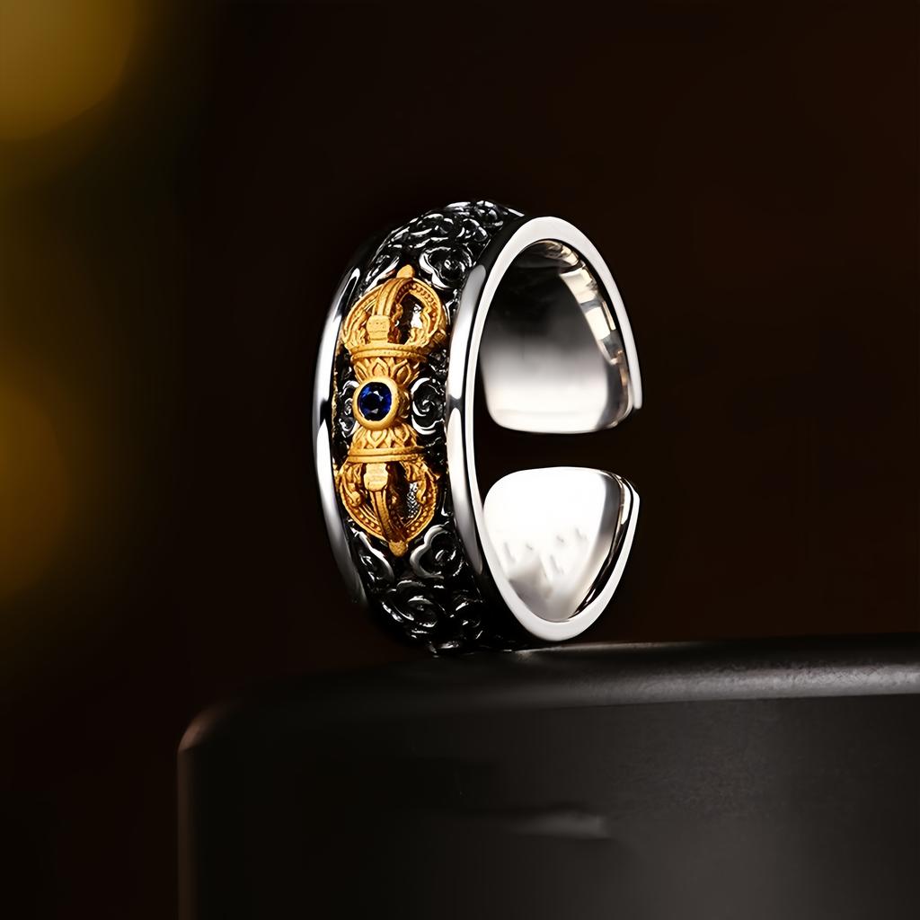 Retro Golden Vajra Adjustable Open Ring For Men Gothic Punk Edgy Silver-plated Copper  Tibetan Accessories Blessing Gift