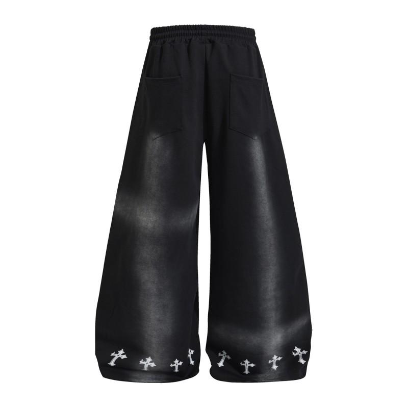 Mens Relaxed Fit Washed Vintage Streetwear Jogger Pants With Cross Print Cotton Blend Straight Leg Breathable Stretchy