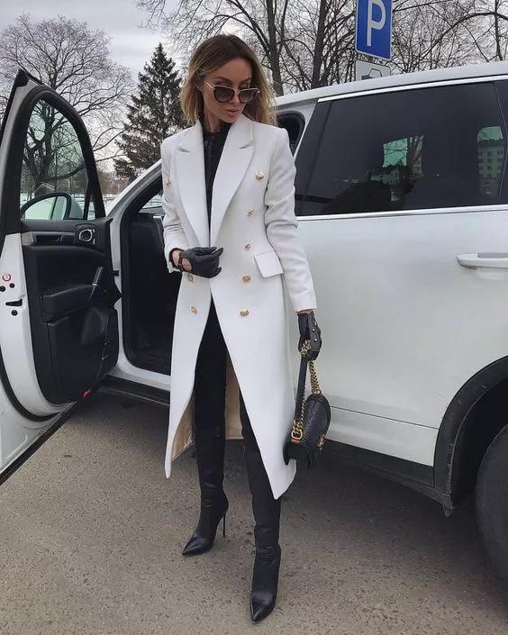 Handmade Long Party Stylish Women White Trench Coat Leather Genuine Lambskin