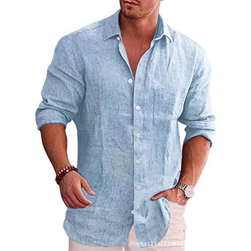 Foreign Trade Men's Loose Large Size Solid Color Shirt Linen Lapel Long Sleeve Casual Shirt Men's