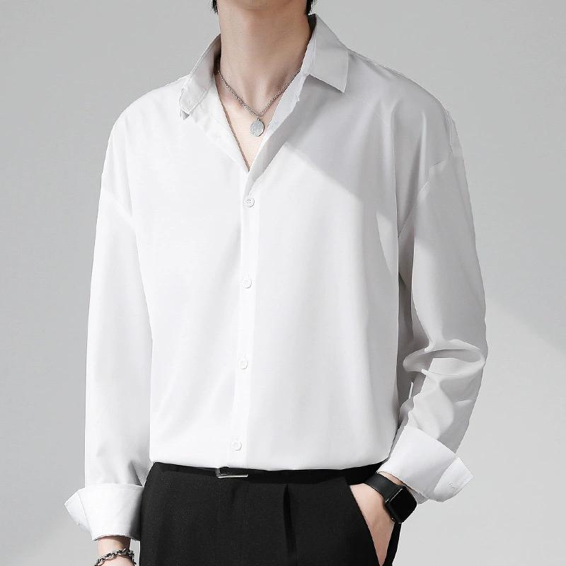 Men's Summer Solid Color Simple Ice Silk Long Sleeve Shirt Loose Draped Handsome Casual Tops