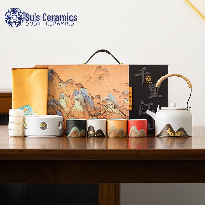 Su s Ceramic Hand-Painted  A Thousand Li of Rivers and Mountains  Tea Set