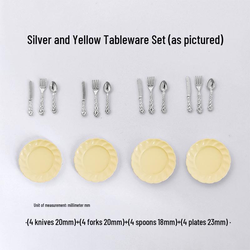 Miniature Dollhouse DIY Model Cake Set: Alloy Plate, Knife, Fork & Spoon Props