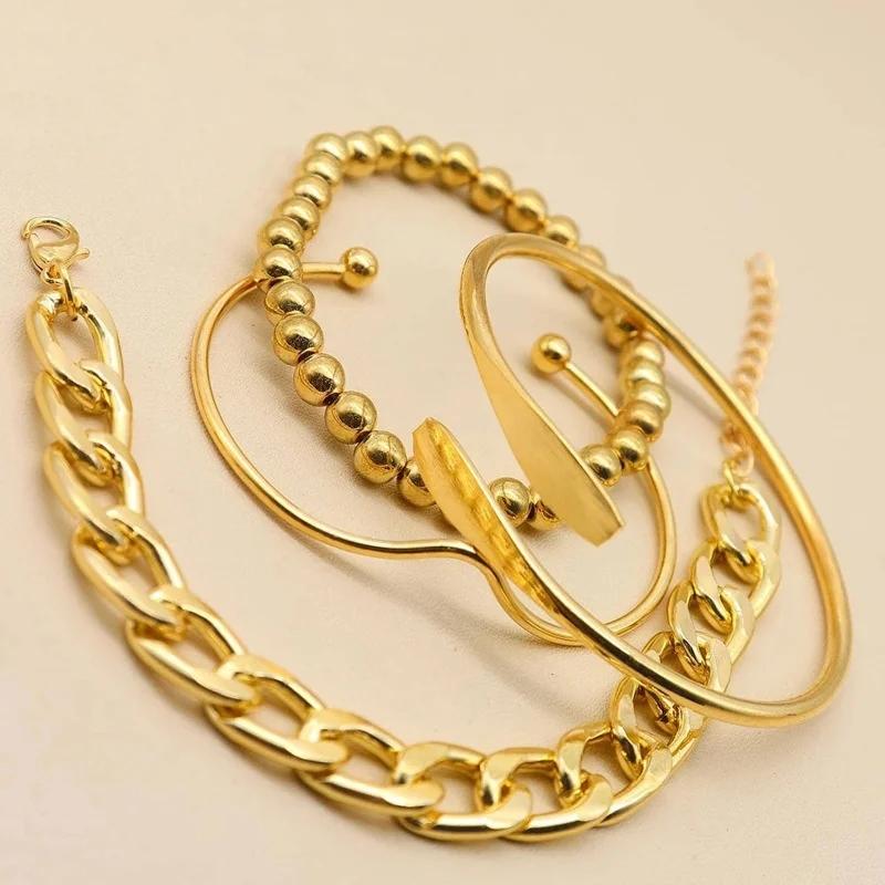 4pcs Punk Curb Cuban Chain Bracelets Set for Women Simple Thick Gold Color Charm Bracelets Fashion Zircon Accessories New