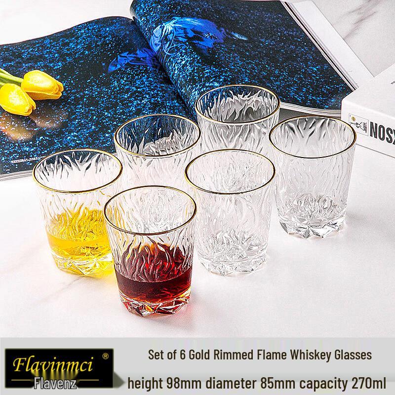 Flavinmci Carved Gold-Lined Flame Whiskey Glass Set (6-Pack)