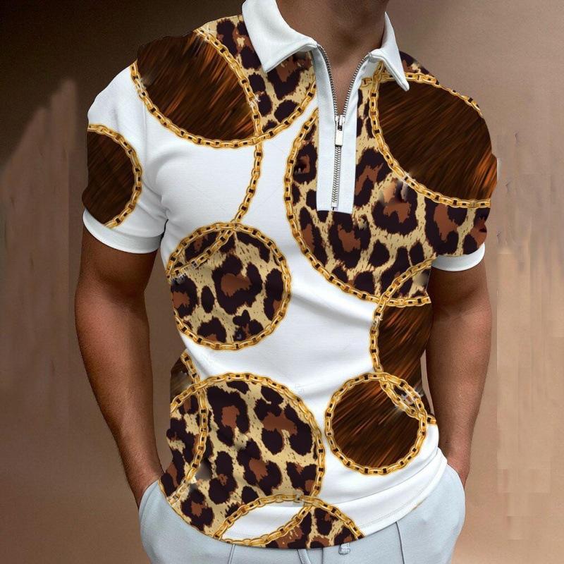 Trendy Chain Print Short Sleeve Polo Shirt, Zip Collar, Fashion Casual Top