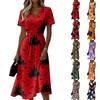 Women's Halloween Print Casual Short Sleeve V Neck Dress with Elastic Waist and Floral Ghost Pattern Midi Length