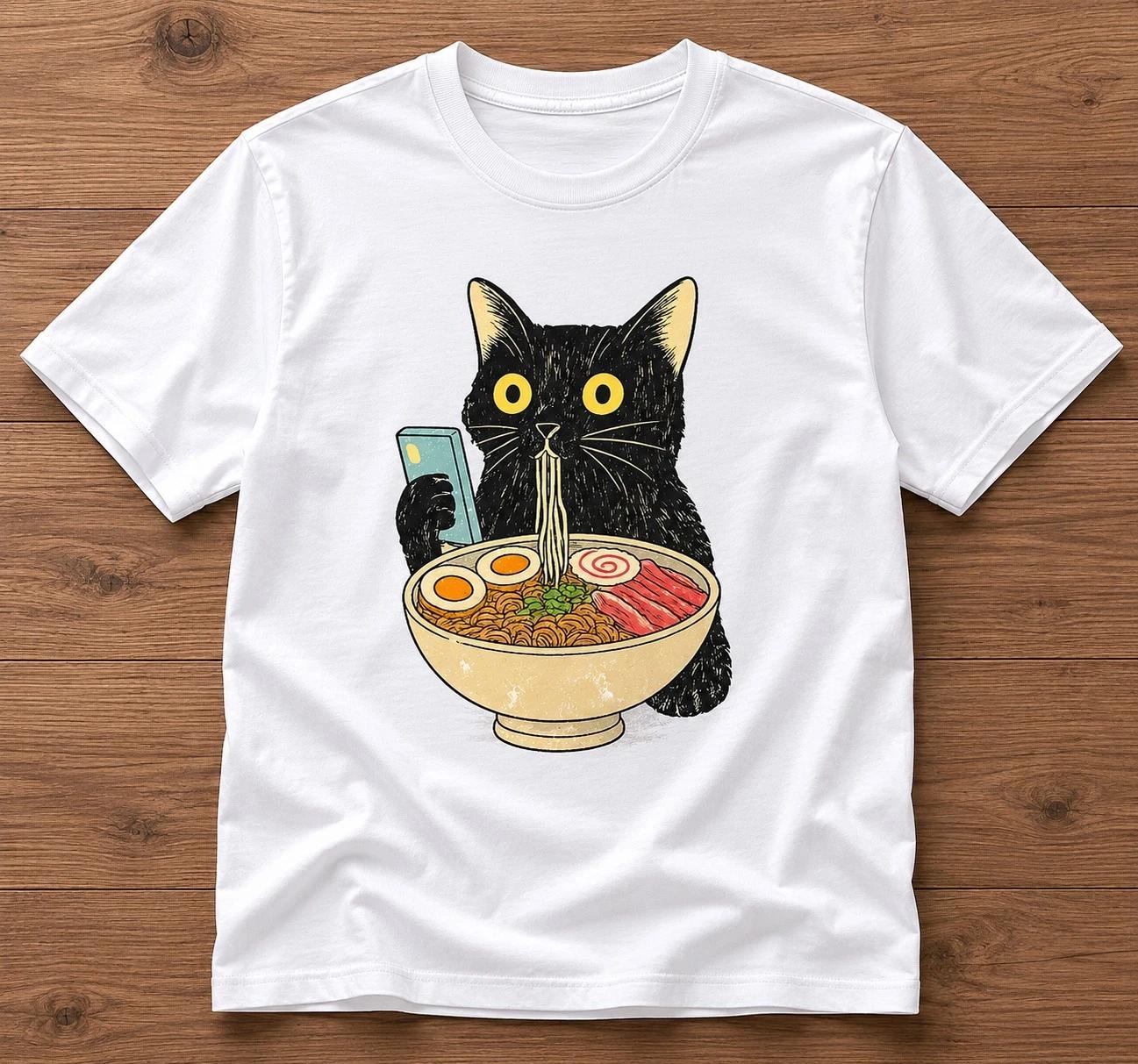 Black Cat Ramen T-Shirt Funny Japanese Foodie Graphic Tee Cute Cat Lover Gift L