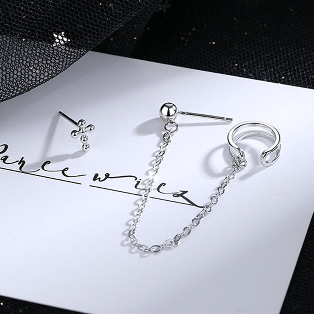 Women Long Chain Tassel Asymmetry Punk Clip Earrings Cross Earcuff Ear Bone Clips Chain Earrings