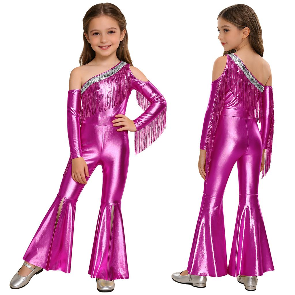 Girls Pageant & Stage Romper: Metallic Shiny Off Shoulder Jumpsuit with Sequin Tassels & Bell Bottom Legs for Disco