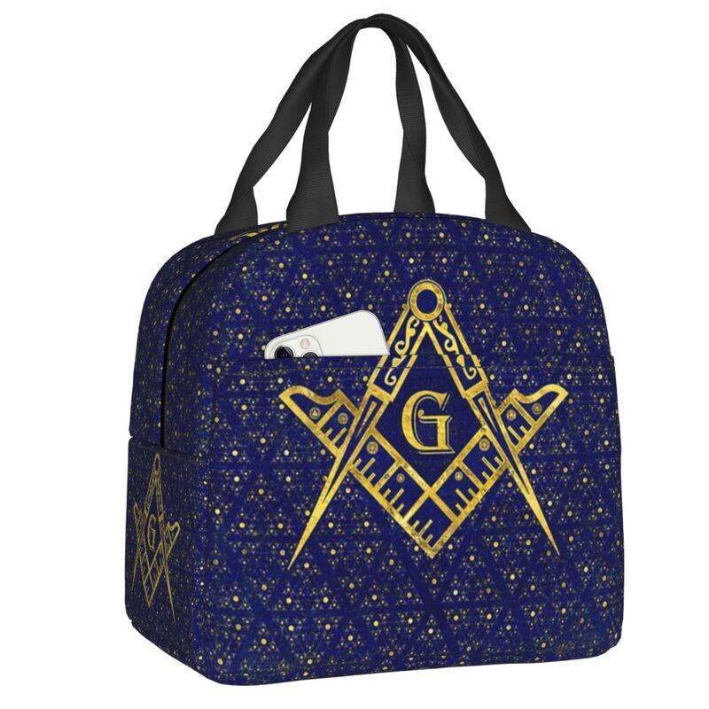 Custom Freemason Square & Compass Gold Masonic Thermal Insulated Lunch Bag Women Resuable Lunch Tote for Picnic Storage Food Box