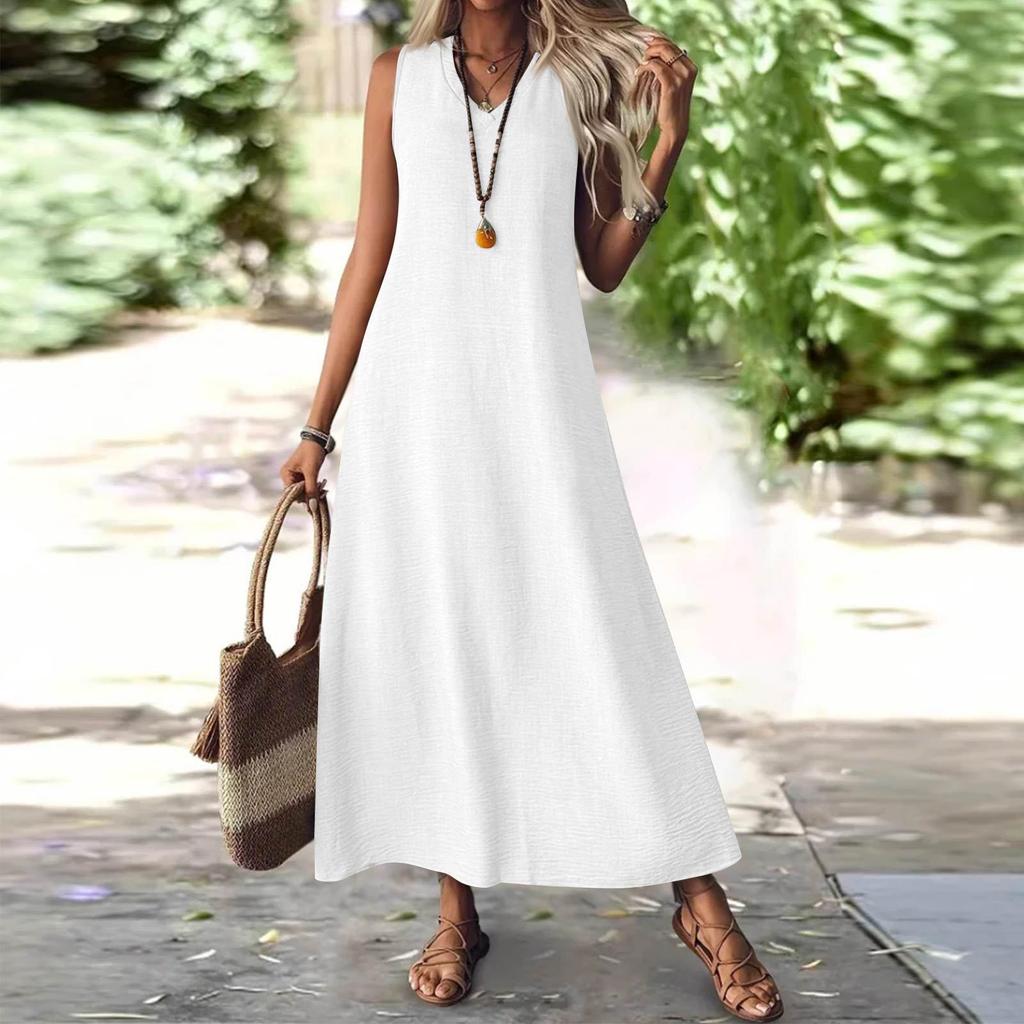 2025 Summer Sleeveless V-Neck Back Zip Elegant Long Dress for Women