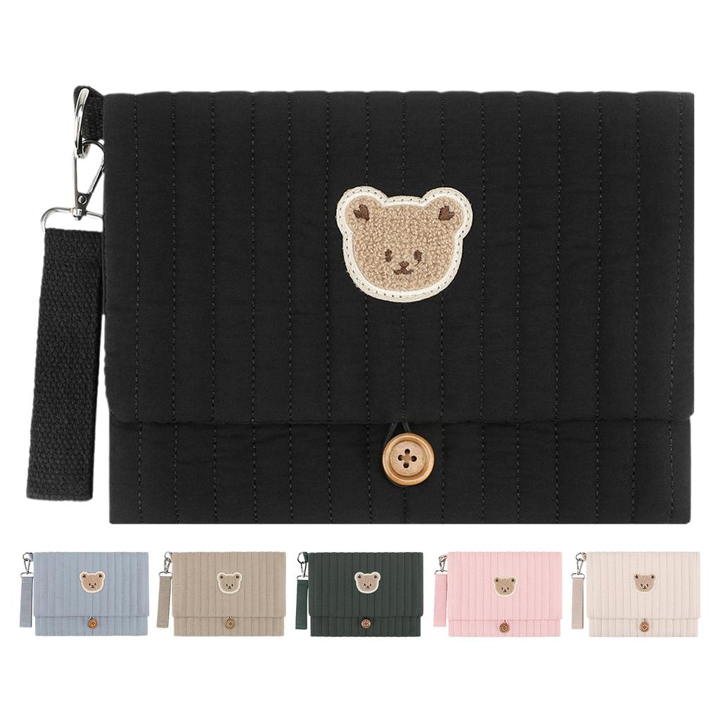 Cute Bear Embroidery Diaper Clutch Bag Foldable Quilted Diaper Pouch Multiple Pockets with Wipes Pocket Travel Essential for Mom