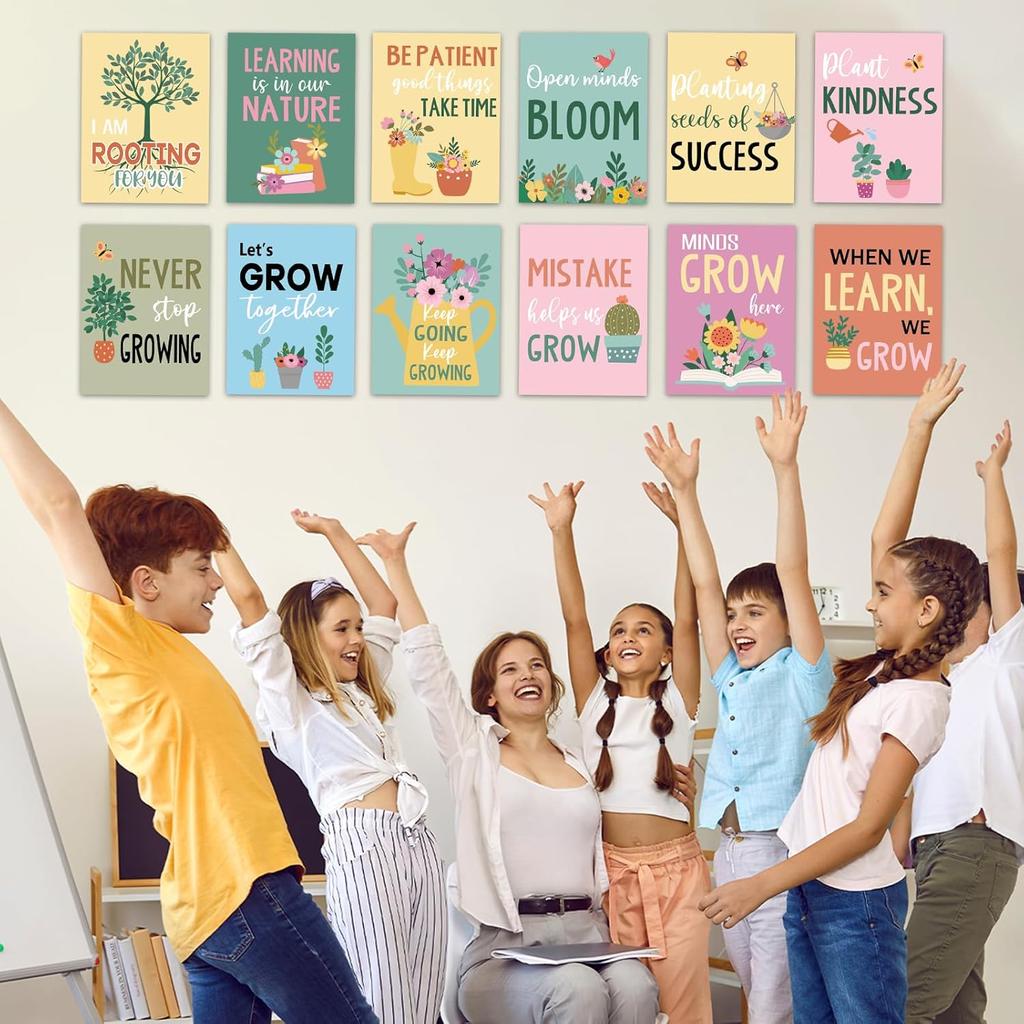 12Pcs Spring Bulletin Board for Classroom Motivational Poster Flower Poster Bulletin Board When We Learn We Grow pirational Green Plant Positive
