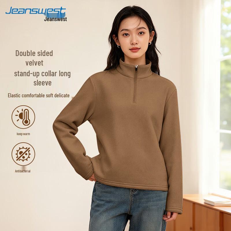 Jeanswest Women s Fleece-Lined Half-Zip Stand Collar Long Sleeve Top L