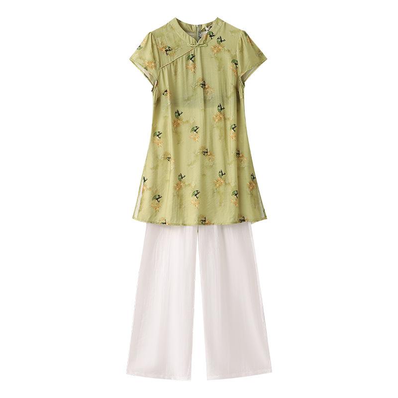 

Летний новый комплект женского размера плюс в китайском стиле для чаепития: топ и длинные брюки широкого покроя 6XL