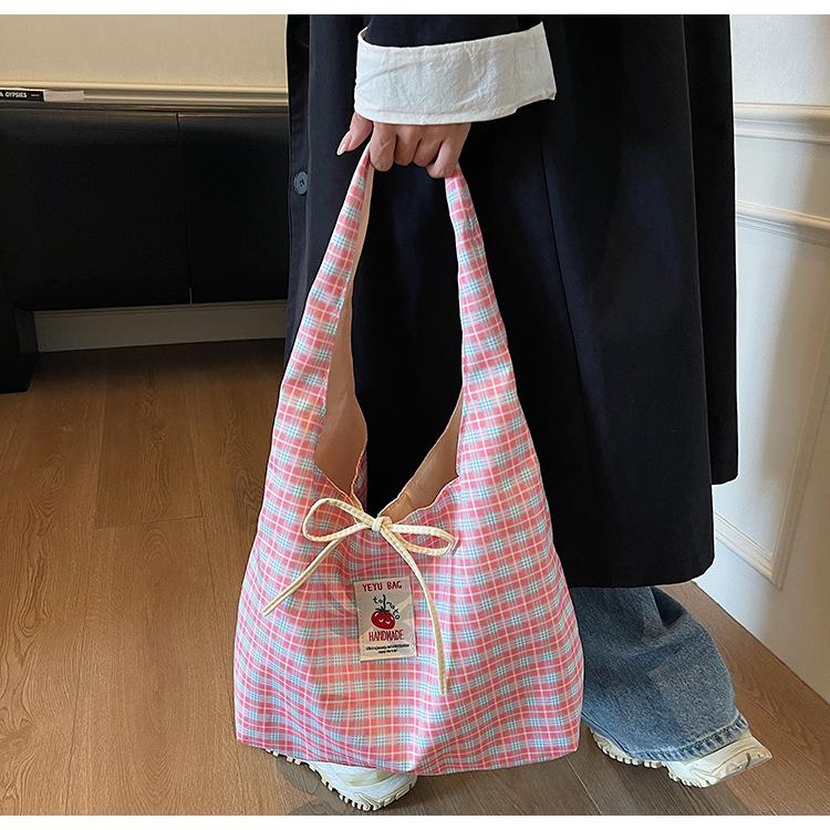 Japanese Style Chic Gingham Checkered Tote Bag Large Capacity Canvas Shoulder Bag for Women