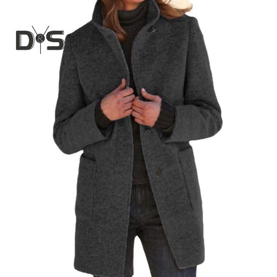 Dam Höst Vinterkappa Ståkrage Tjock Varm Mjuk Mellanlång Enfärgad Fickor Enkelknäppt Dam Tjock Överrock