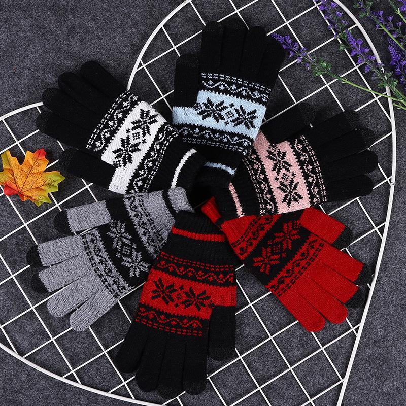 Winter new Christmas snowflake knitted jacquard gloves, outdoor winter windproof gloves can be gloves One size