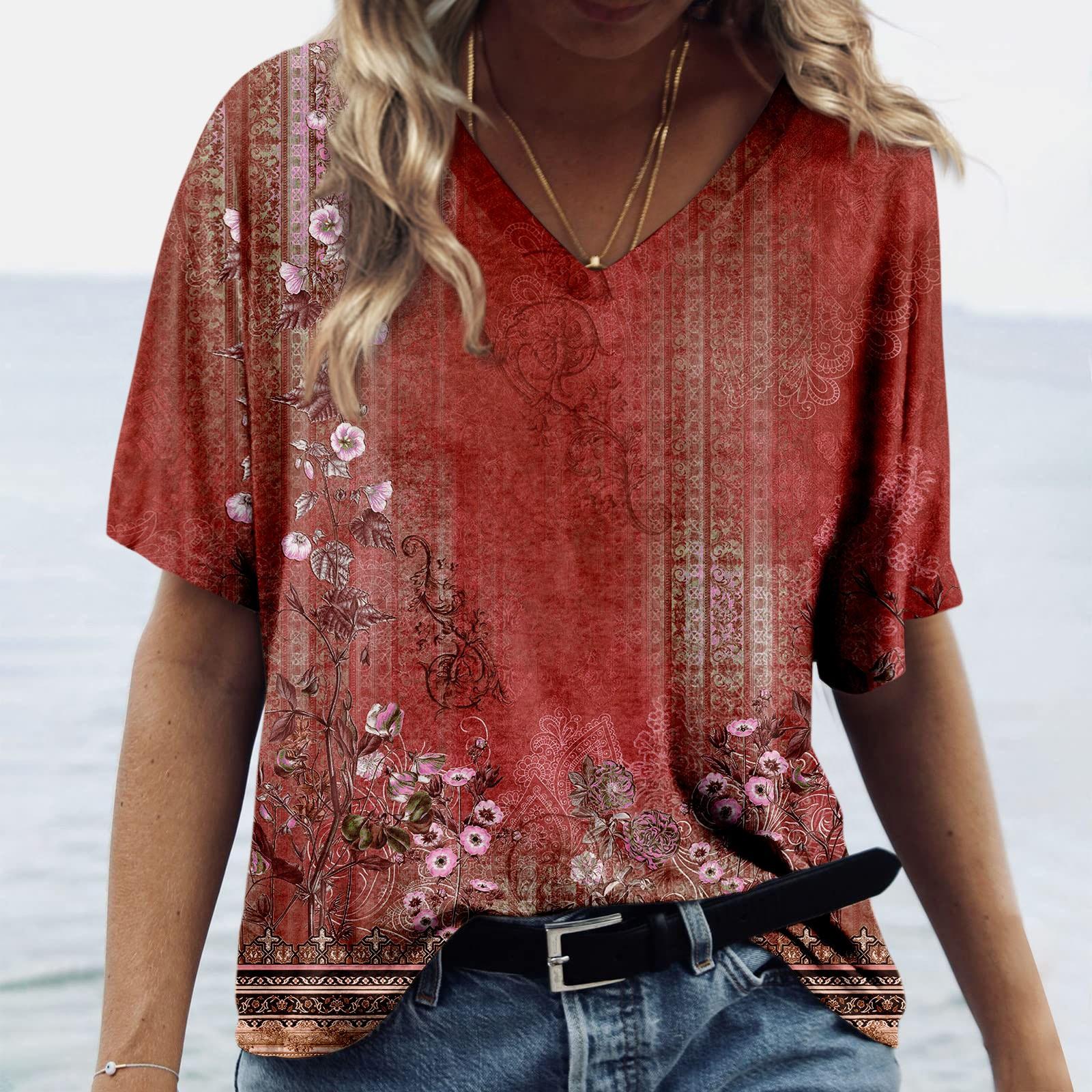 

Женская модная повседневная футболка с v-образным вырезом и короткими рукавами с принтом XL красный