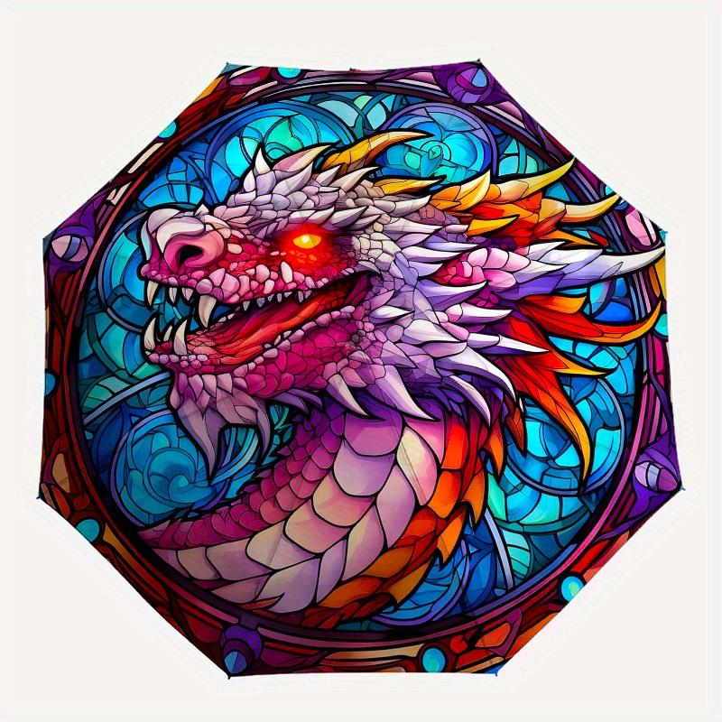 Stained Dragon Wall Art: Vibrant Fantasy DecorUmbrella, Portable 3-Fold Compact Umbrella,Christmas Gift ES476
