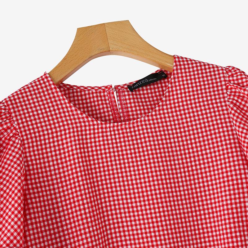 ZANZEA Women Casual O-neck Short Sleeve Plaid Print Blouse