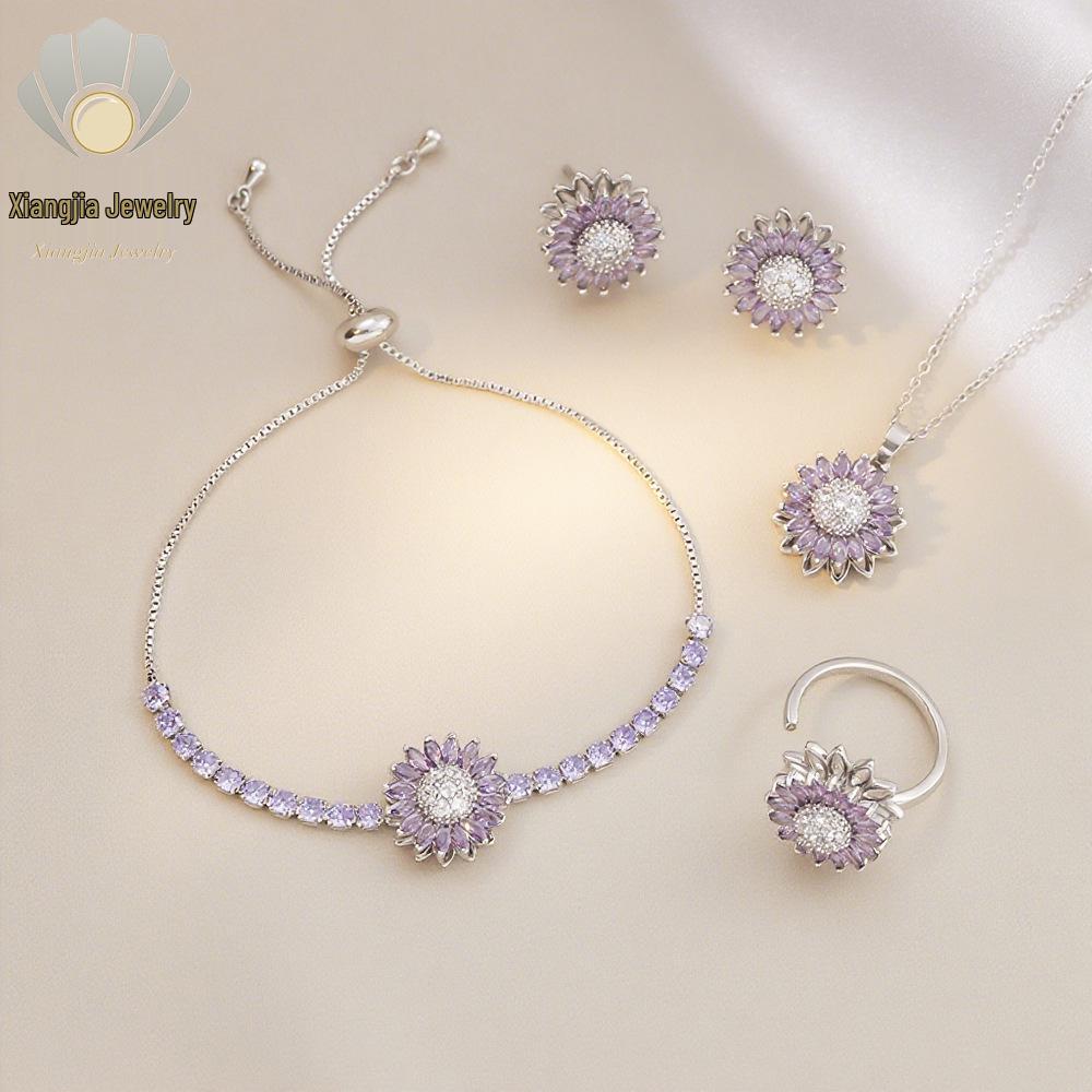 Sunflower Zircon Rotating Necklace, Japanese-Korean Style Bracelet, Versatile Earrings, Light Luxury Ring