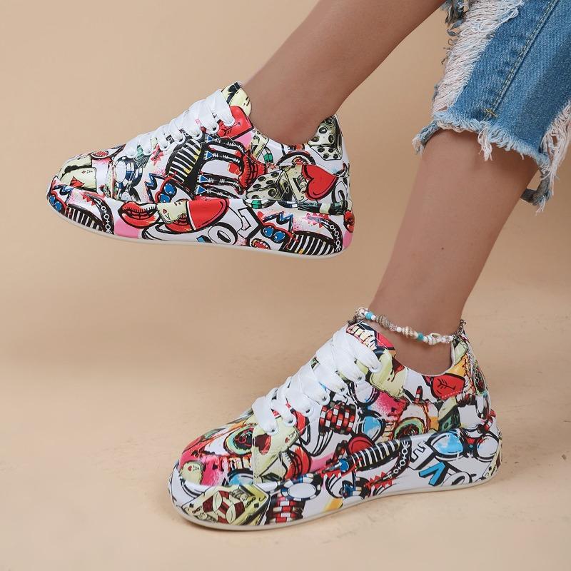 Sportschuhe mit Graffiti-Print für Damen, modische Plateau-Sneaker mit Schnürung und niedrigem Oberteil, lässige Skateschuhe