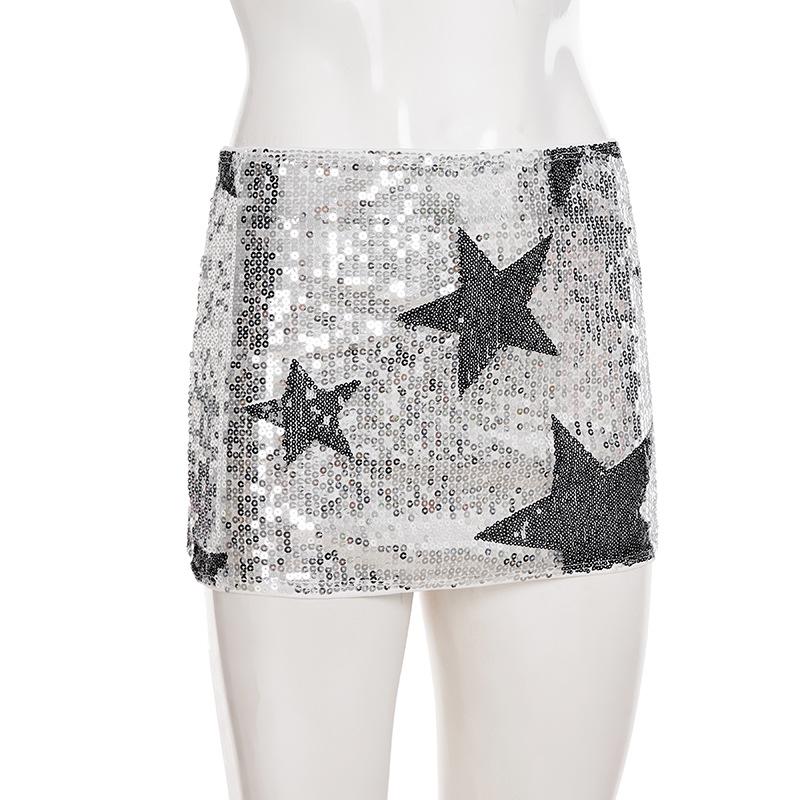 Gonna Mini in Maglia Sexy con Stelle di Paillettes Stile Europeo-Americano a Vita Bassa - Versatile Gonna da Donna per Street Fashion