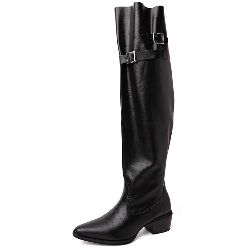 Autumn Vintage Thick Heel Women Knight Boots Fashion Belt Buckle Shoes Ladies Elegant Pointed Toe Mordern Knee High Booties