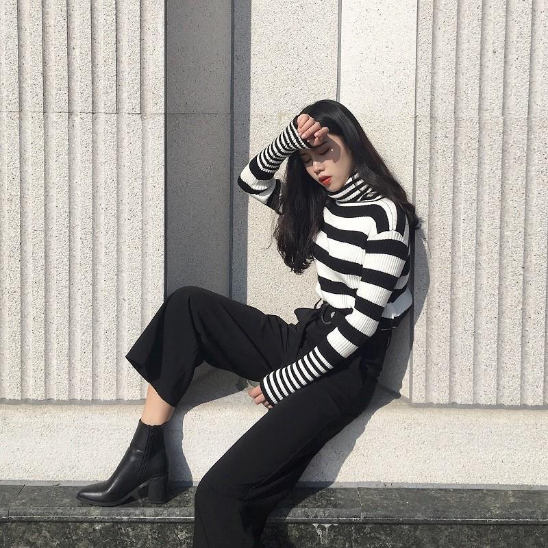 Svetr Dámský rolák úplet Černobílý pruhovaný svetr Korejský Slim Top Trendy svetr Podzimní a zimní móda