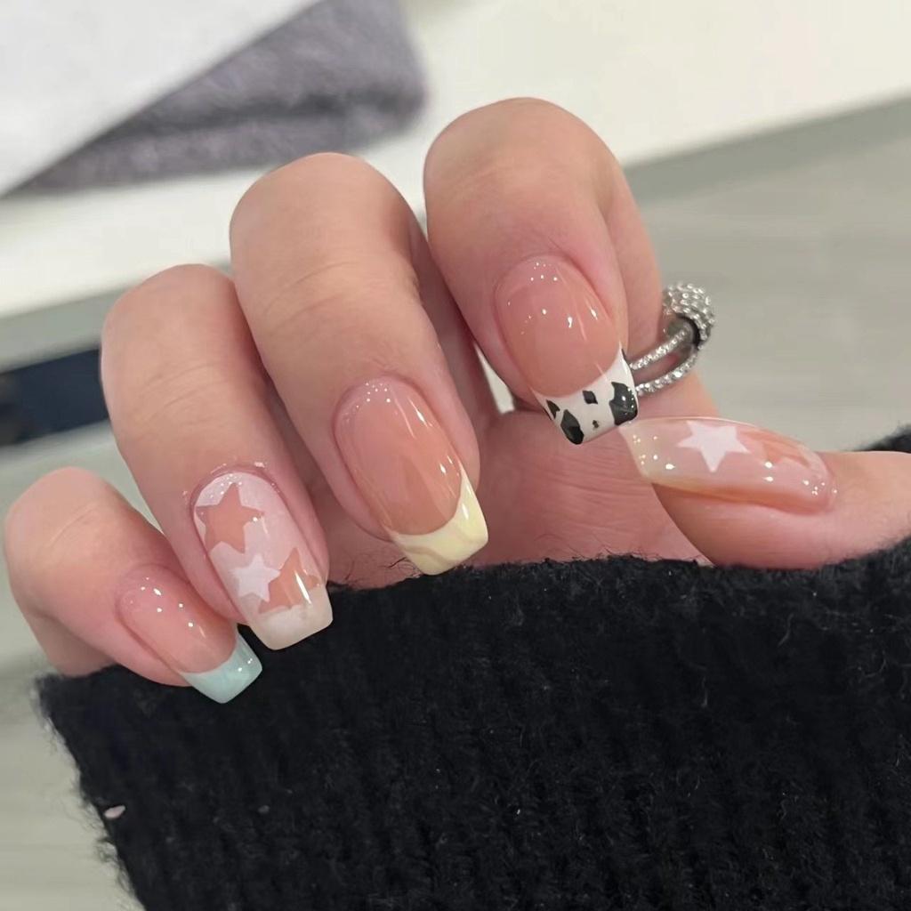 

Искусственные ногти ручной работы, новые французские милые звездные прыжки, цветные фототерапевтические ногти, многоразовые и съемные ногти M