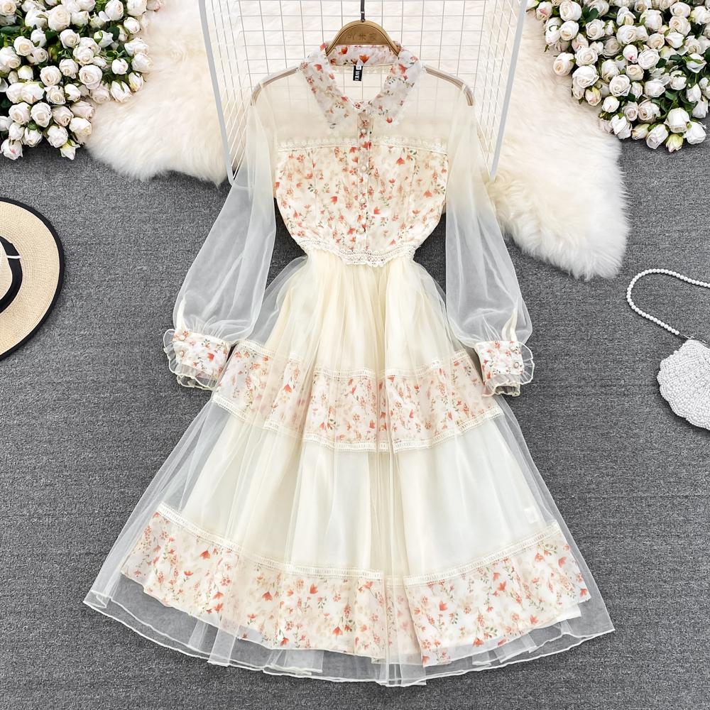 

RUGOD 2022 Лето Новое Темпераментное платье трапециевидной формы с отворотами и цветочным принтом, большое свободное платье с сетчатой ​​талией