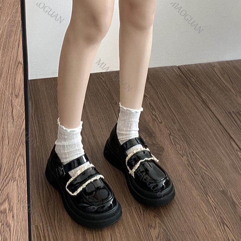 2026 Frühling Herbst Leder Mary Jane Schuhe Doppel-Schnallenriemen Spitze Dekor Plateau Loafer Klobige Runde Spitze Freizeit Lolita Schuhe