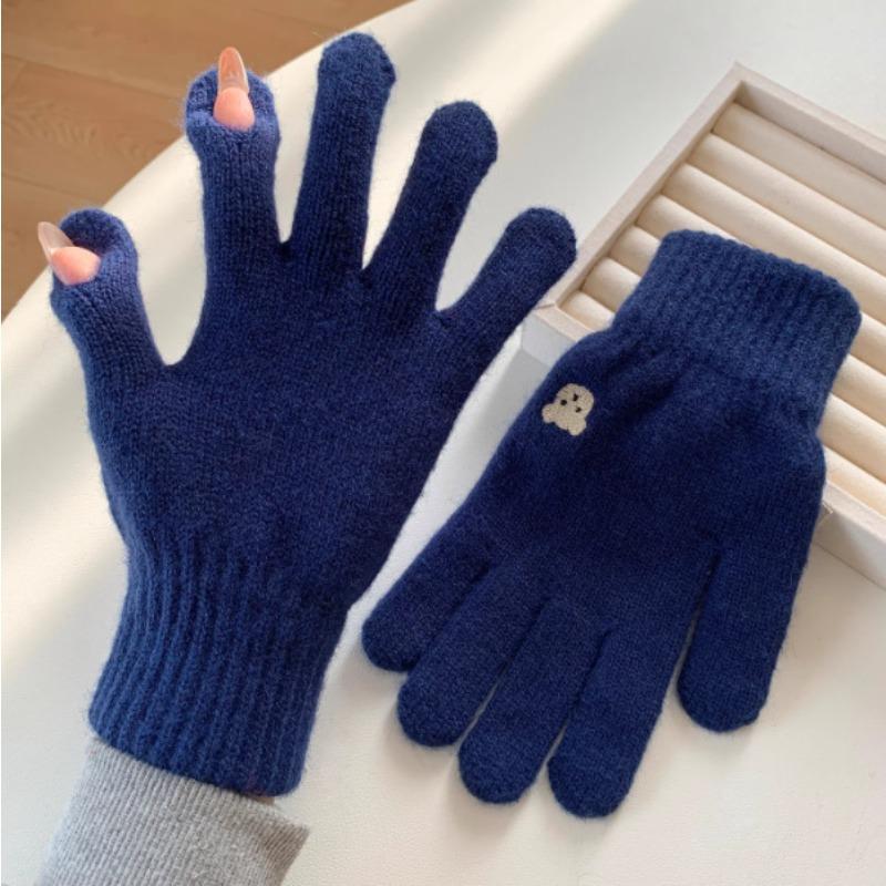 Korean Cute Bear Embroidered Wool Gloves for Women Autumn and Winter Knitted Touch Screen Student Warm Cycling Gloves Windproof