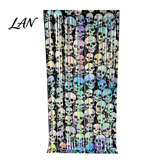 Halloween Background Skull Foil Fringe Curtain, Iridescent Disposable Tablecloth, Decorative Curtain Table Cover Tinsel Backdrop for Holiday