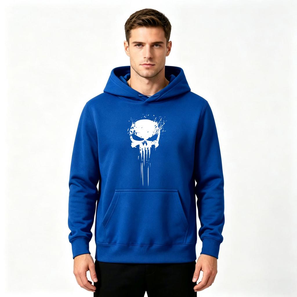 Men's Long Sleeve Pullover Hoodie, White Skull Print Casual Sweatshirt for Daily Wear