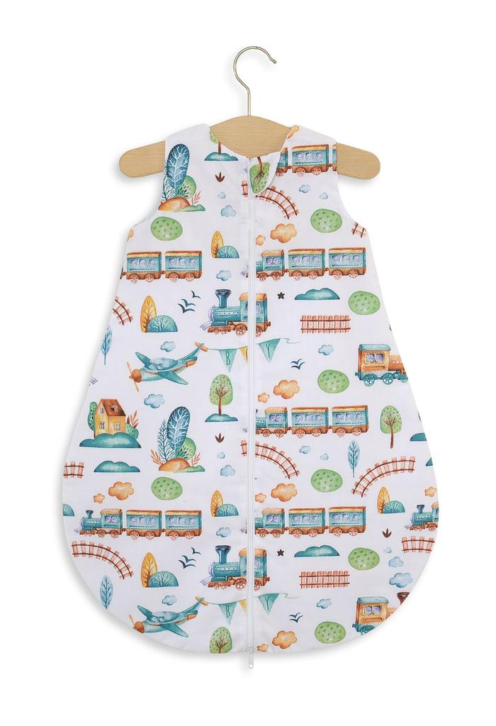 Cotton Rounded Sleeping Bag for Children S 0-6 Months Summer TOG 1.0 - Turquoise Train