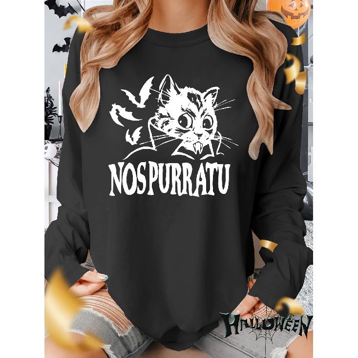 Halloween Fall and Winter Outfits Bat and kitten letter print round neck casual sporty fresh and elegant autumn and winter T Long Sleeve Shirt 1XL чёрный