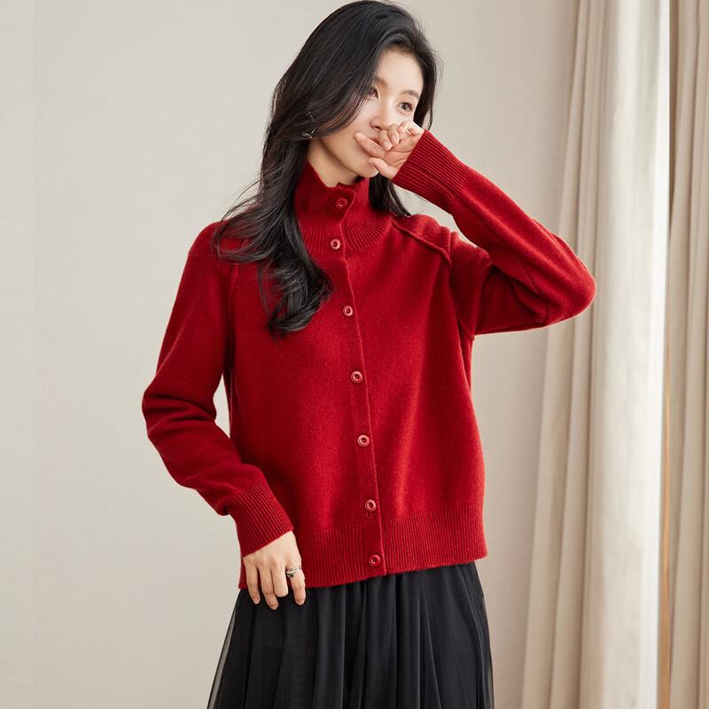 Women's Thick 100% Lambswool Stand-Up Collar Cardigan