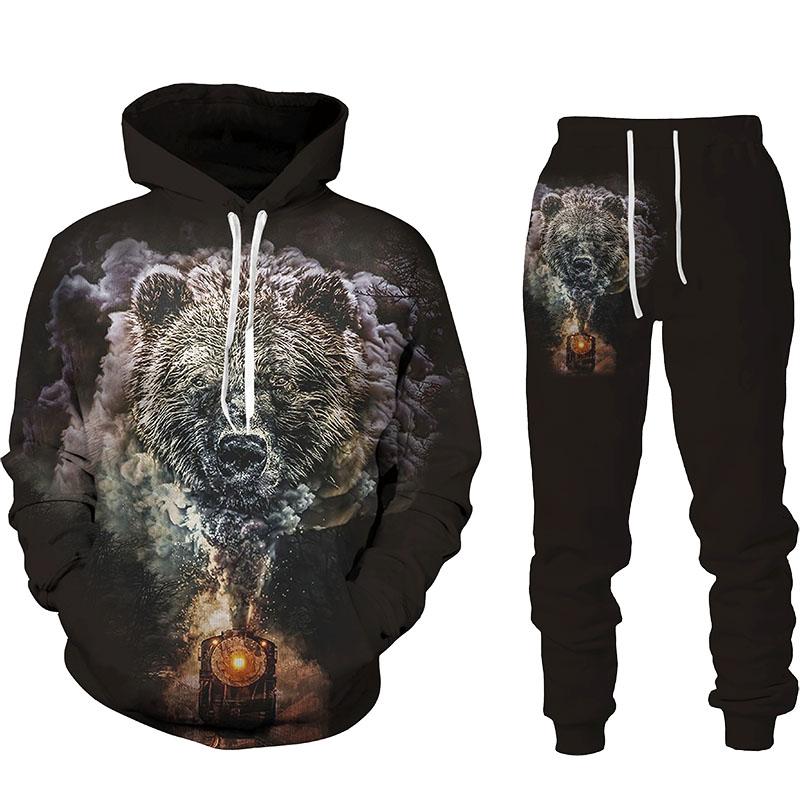 Herren Hoodie Sets Jagd Bär Bogenschütze Tarnung 3D-Druck Hoodies Trainingsanzug Jogginghose 2-teilige Sets Kleidung Übergroß