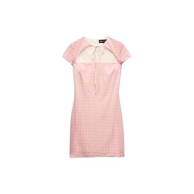 Plaid Bow Detail Fitted Short Sleeve Dress Women Dresses Pink White 2861206-046