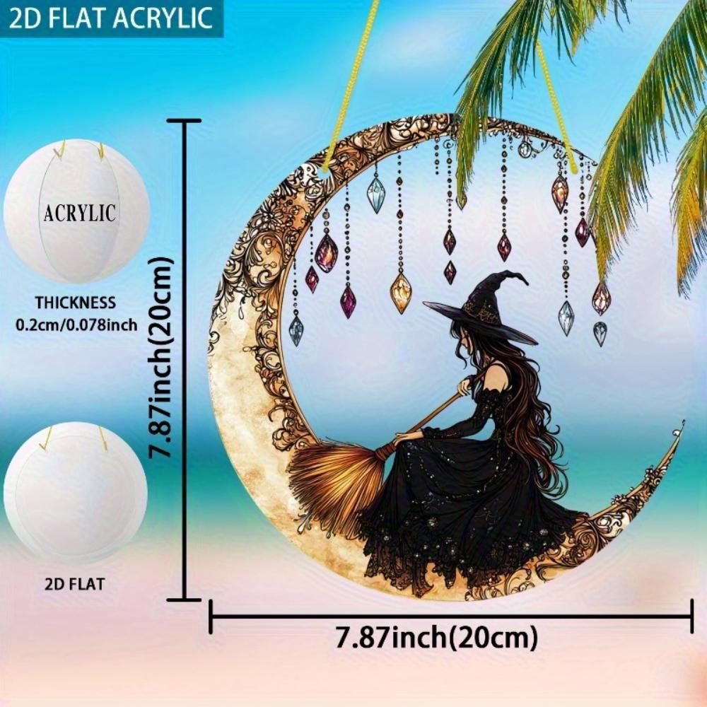 2D flat acrylic Mystery Witch on the Crescent Sun Catcher - acrylic window hanging, stained glass style, perfect for Halloween and fall home decor