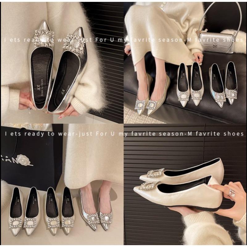 Fashion Silver Inside Heightened Single Shoes Women's 2025 New Autumn Pointed Toe Rhinestone Jane Shoes Slip On Shallow Mouth