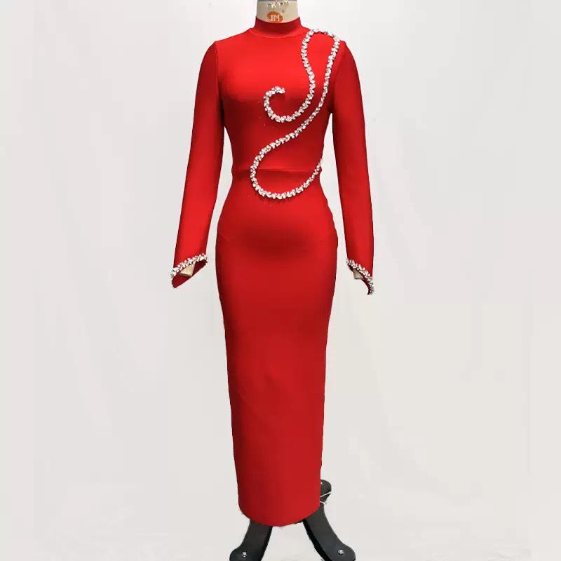 Elegant Rhinestone Bandage Evening Dress with Chain Detail Extra Small красный